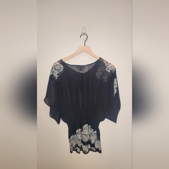 Black Sheer Dress with White Lace Accents - Picture 2 of 3